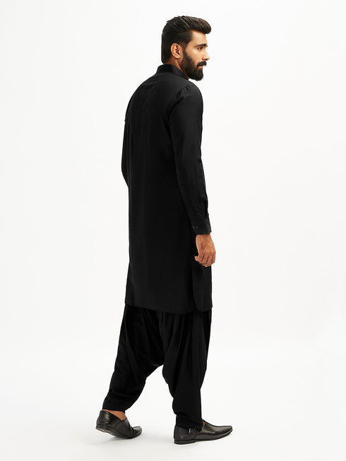 Men's Black Viscose Pathani Kurta Set